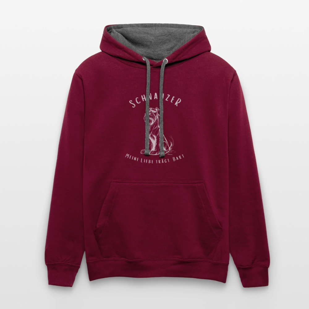 Schnauzer Hoodie mit weißem Schriftzug Meine Liebe trägt Bart auf Brust und Rücken in burgundy/charcoal
