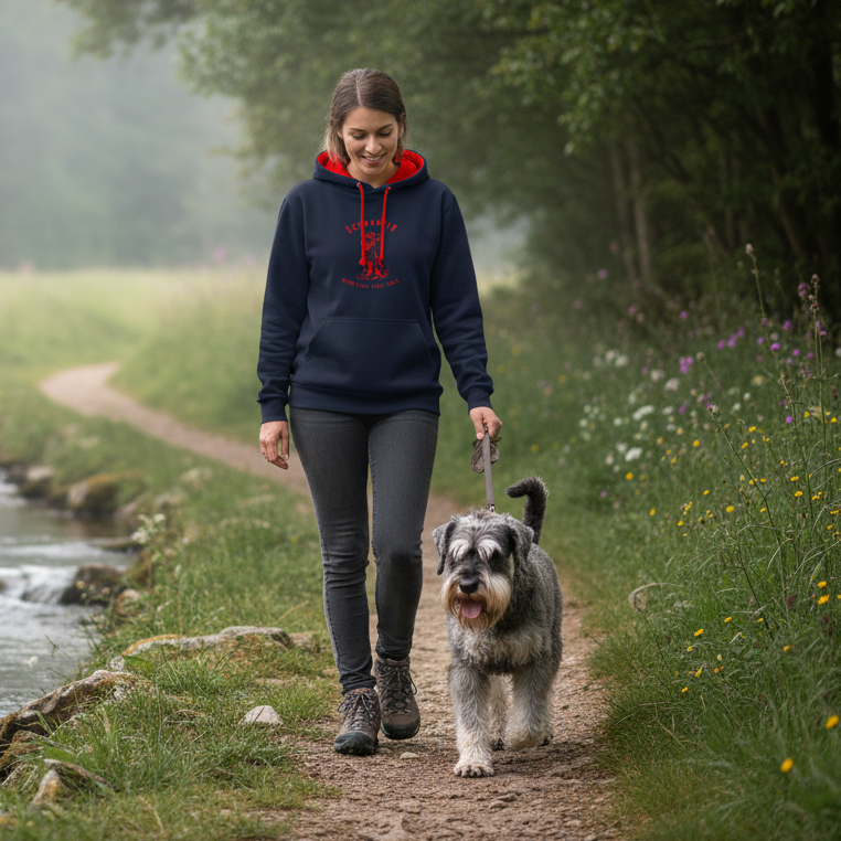 Zweifarbiger Schnauzer Hoodie mit Schnauzer Motiv auf Brust und Rücken - navy/red