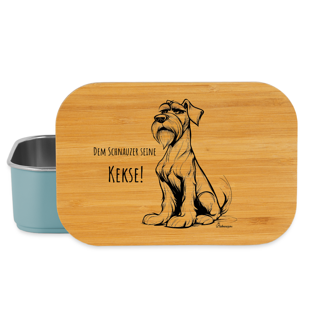 Lunchbox aus Edelstahl mit Bambusdeckel und Aufdruck „Dem Schnauzer seine Kekse“ – stilvolle Snackbox für Schnauzerfans.  light blue