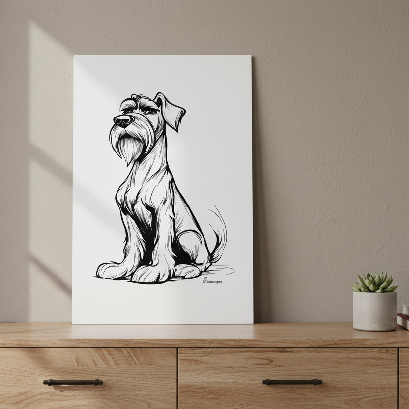 Black Schnauzer Art Poster mit schwarzer Schnauzerfigur im Hochformat- white