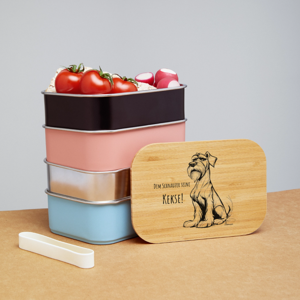 Lunchbox aus Edelstahl mit Bambusdeckel und Aufdruck „Dem Schnauzer seine Kekse“ – stilvolle Snackbox für Schnauzerfans.  