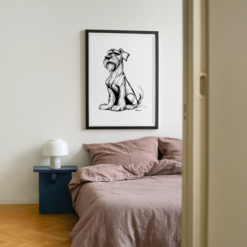 Black Schnauzer Art Poster mit schwarzer Schnauzerfigur im schwarzen Rahmen