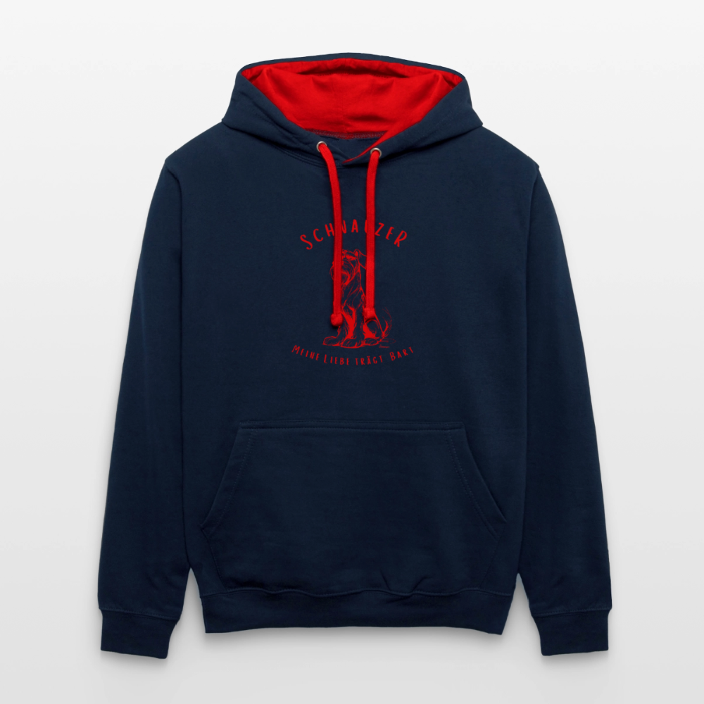 Zweifarbiger Schnauzer Hoodie mit Schnauzer Motiv auf Brust und Rücken - navy/red
