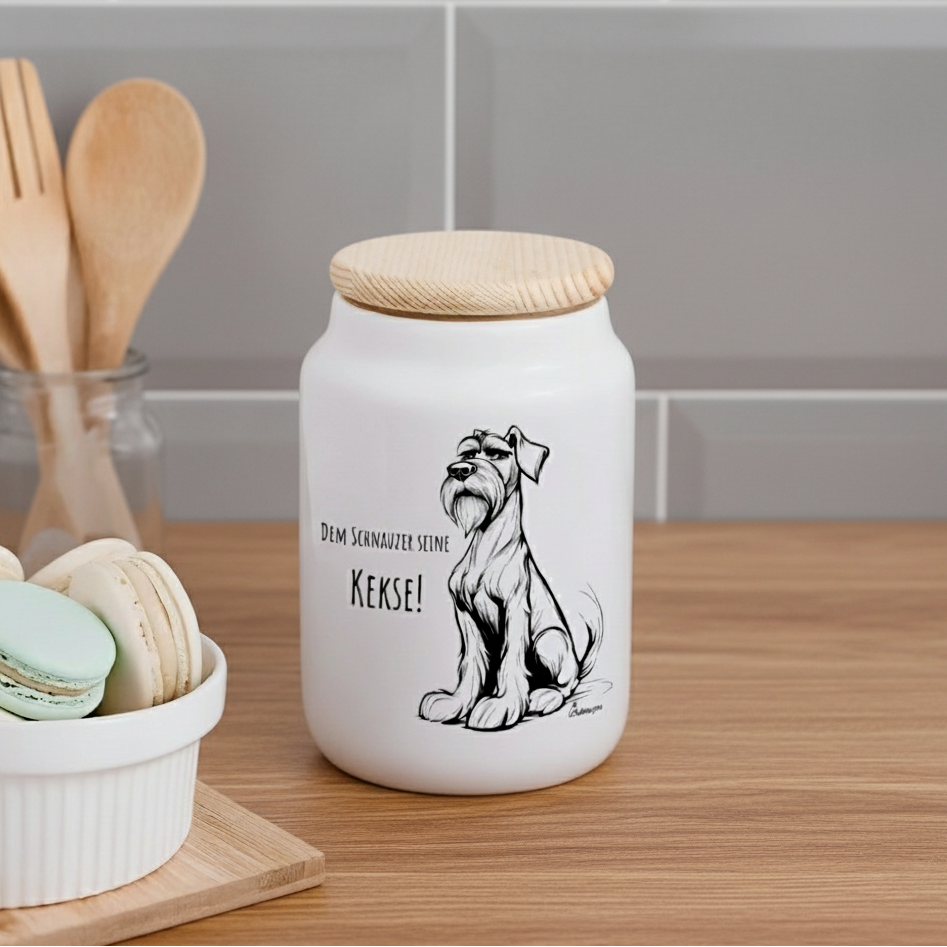 Weiße Keramikdose mit Holzdeckel und Aufdruck „Dem Schnauzer seine Kekse“ – stilvolle Keksdose für Hundeliebhaber und Schnauzer-Fans.