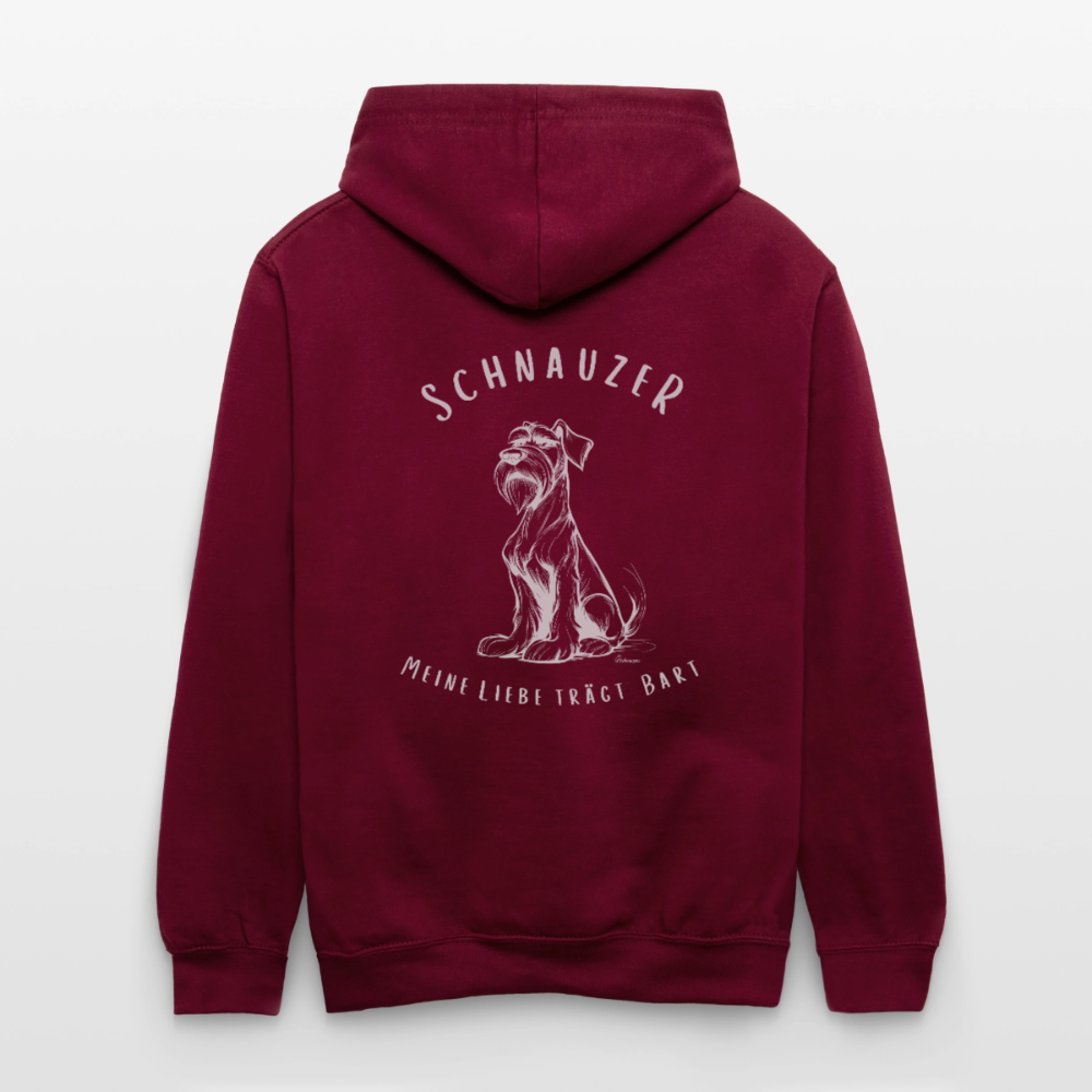 Schnauzer Hoodie mit weißem Schriftzug Meine Liebe trägt Bart auf Brust und Rücken in burgundy/charcoal