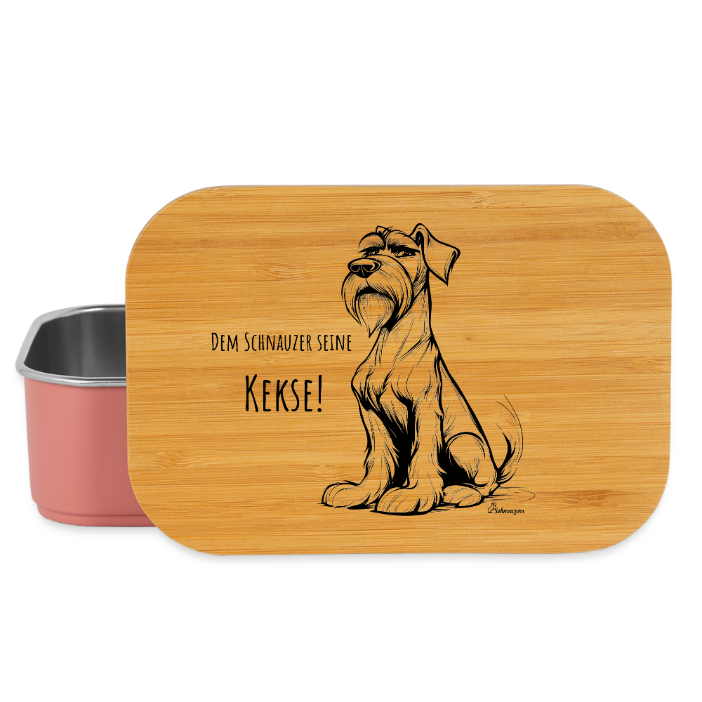 Lunchbox aus Edelstahl mit Bambusdeckel und Aufdruck „Dem Schnauzer seine Kekse“ – stilvolle Snackbox für Schnauzerfans.   light pink