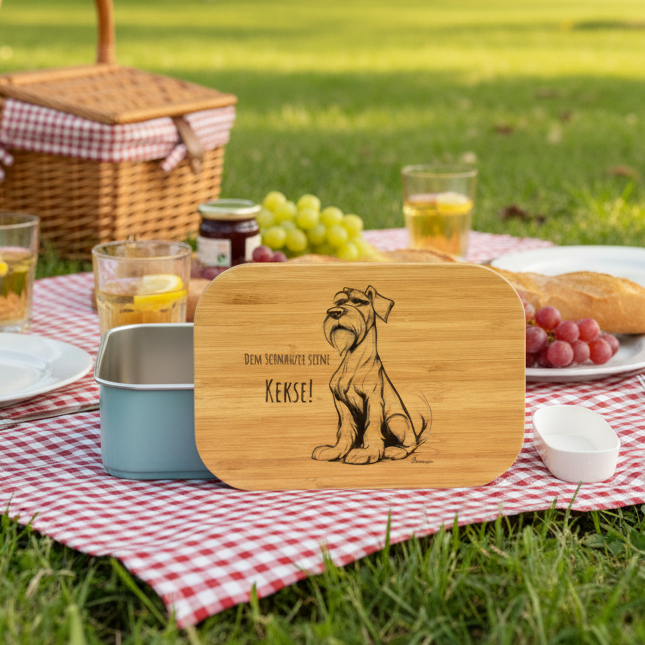 Lunchbox aus Edelstahl mit Bambusdeckel und Aufdruck „Dem Schnauzer seine Kekse“ – stilvolle Snackbox für Schnauzerfans.  light blue