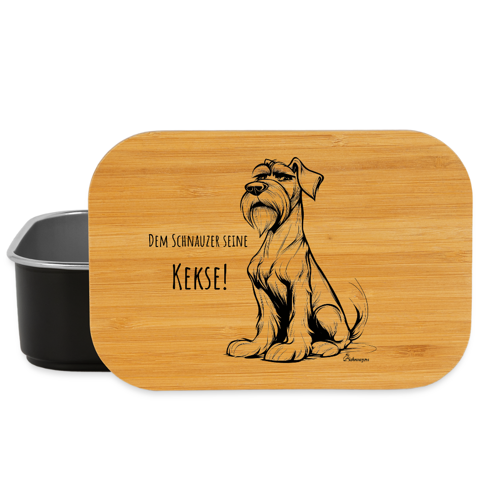 Lunchbox aus Edelstahl mit Bambusdeckel und Aufdruck „Dem Schnauzer seine Kekse“ – stilvolle Snackbox für Schnauzerfans.  black