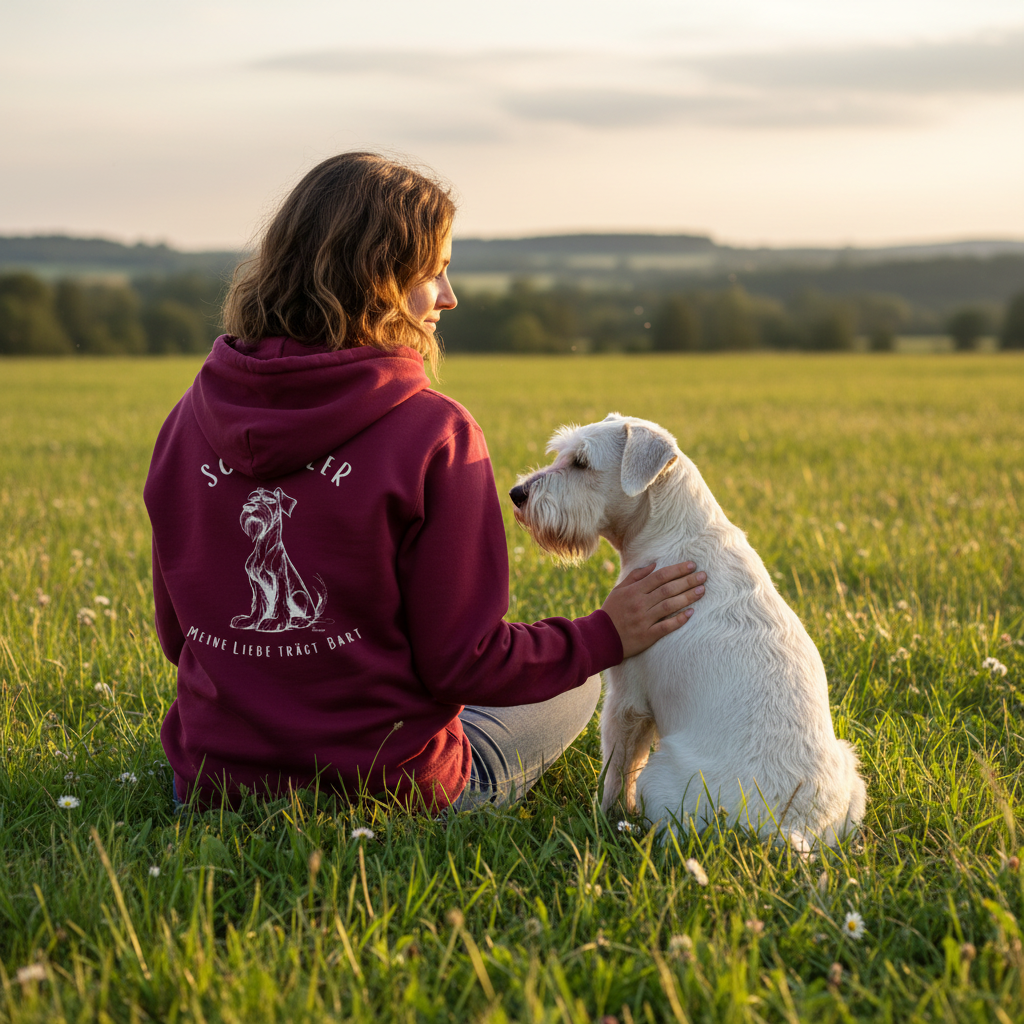 Schnauzer Hoodie mit weißem Schriftzug Meine Liebe trägt Bart auf Brust und Rücken in burgundy/charcoal
