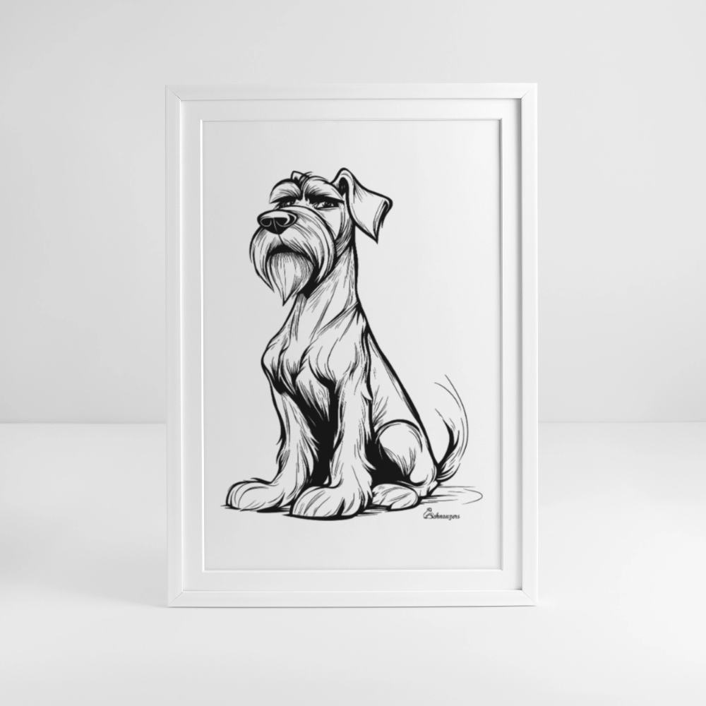 Black Schnauzer Art Poster mit schwarzer Schnauzerfigur im weißen Rahmen