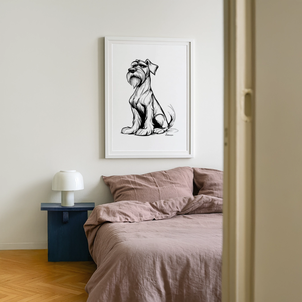 Black Schnauzer Art Poster mit schwarzer Schnauzerfigur im weißen Rahmen