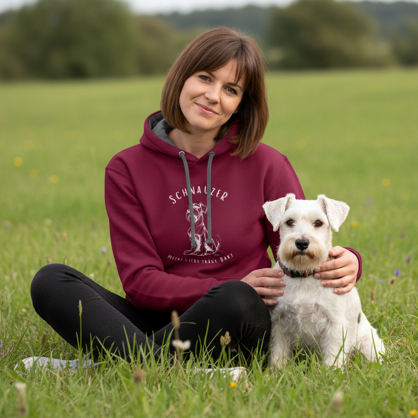 Schnauzer Hoodie mit weißem Schriftzug Meine Liebe trägt Bart auf Brust und Rücken in burgundy/charcoal