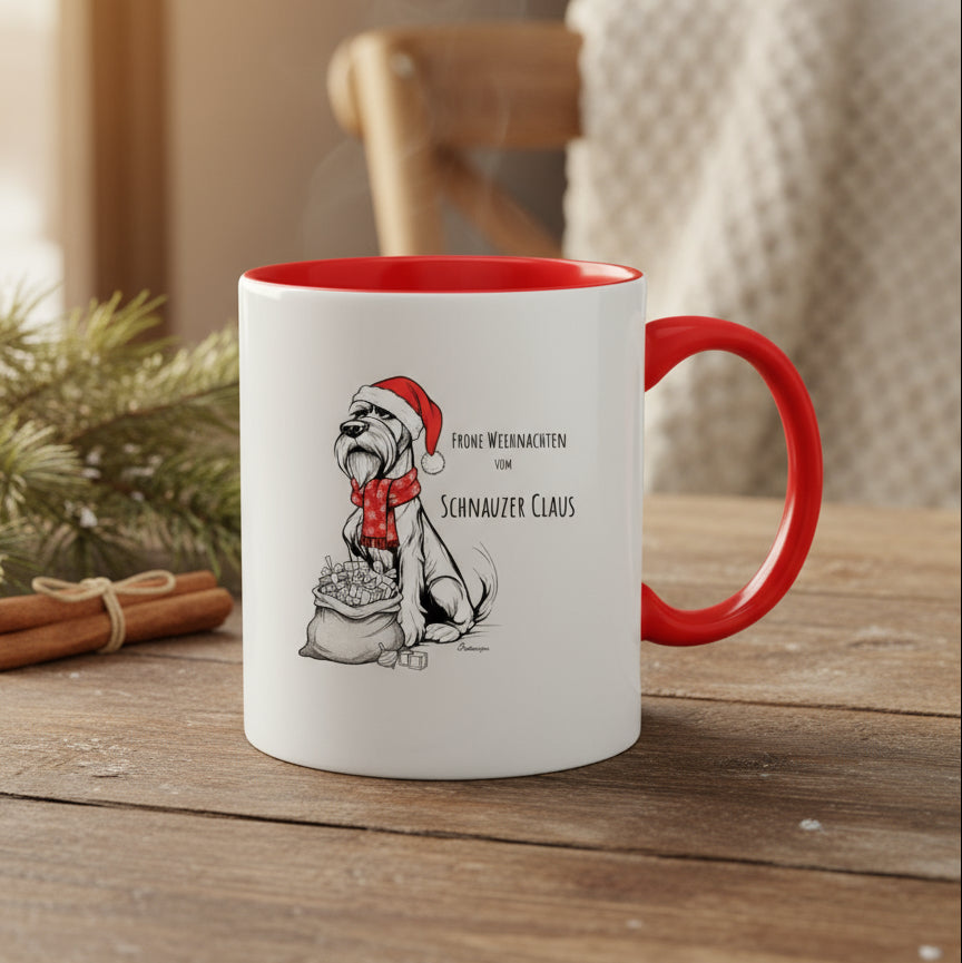 Schnauzer Claus Weihnachtstasse – Schnauzer mit Weihnachtsmütze, zweifarbig, Keramik