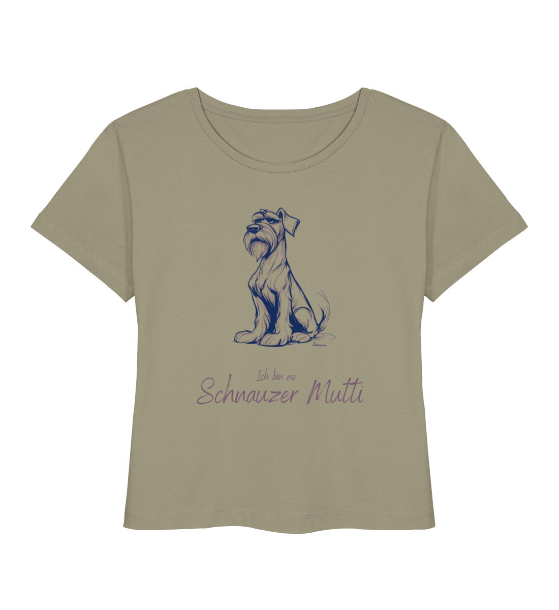 Damen Shirt Schnauzer-Mutti in Khaki – Bio Baumwolle mit fuchsia Schnauzer Motiv und Statement