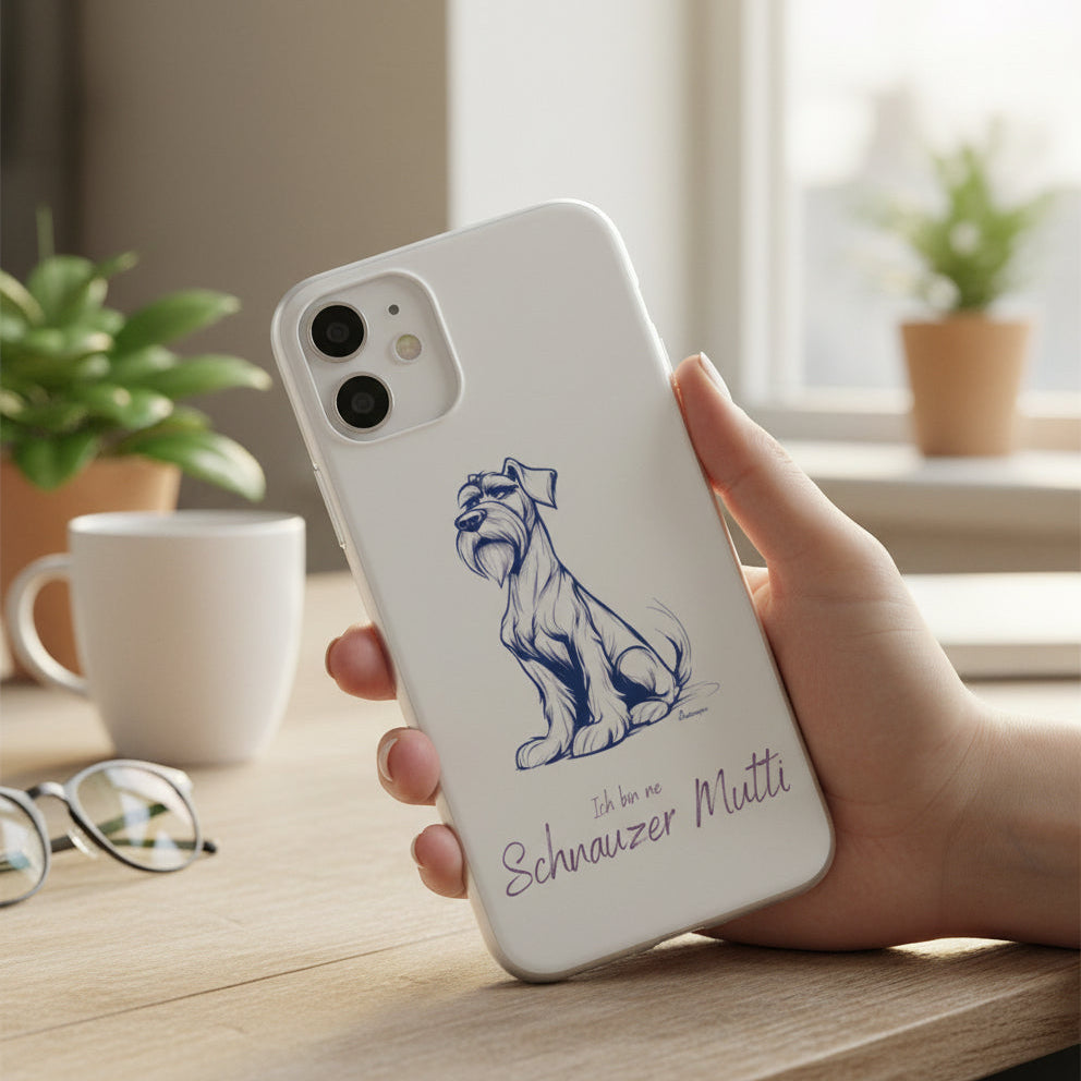 Handyhülle iPhone 12/12Pro mit bunter Schnauzerfigur und Spruch Schnauzer Mutti – Premium Hülle in Weis für Schnauzer-Fans