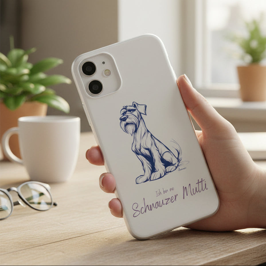 Handyhülle iPhone 11 Pro Max mit bunter Schnauzerfigur und Spruch Schnauzer Mutti – Premium Hülle in Weis für Schnauzer-Fans