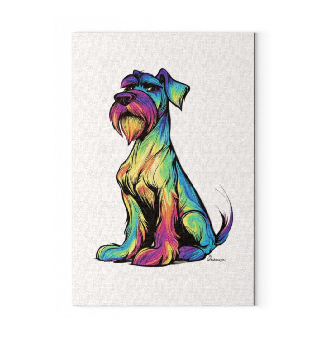 Farbenfrohes Color-Me-Schnauzer Leinwandbild in kräftigen Regenbogenfarben, moderne Schnauzer-Silhouette auf weißem Hintergrund, Format 50 × 75 cm.
