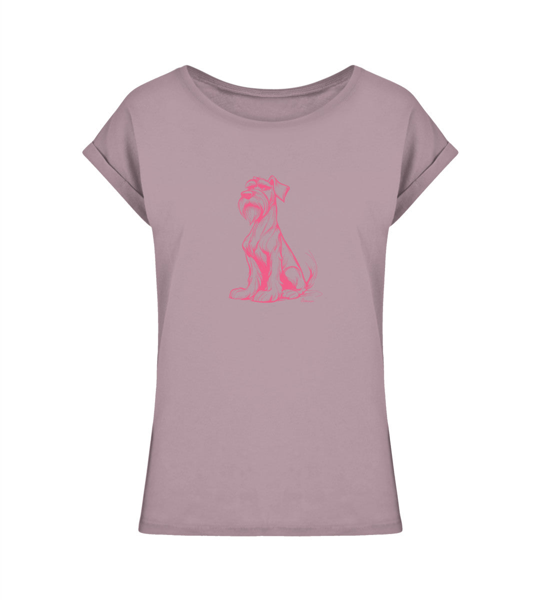 Damen Shirt Rosa Schnauze – in Lilac. Nachhaltiges Schnauzer T-Shirt mit rosa Motiv für Hundeliebhaber