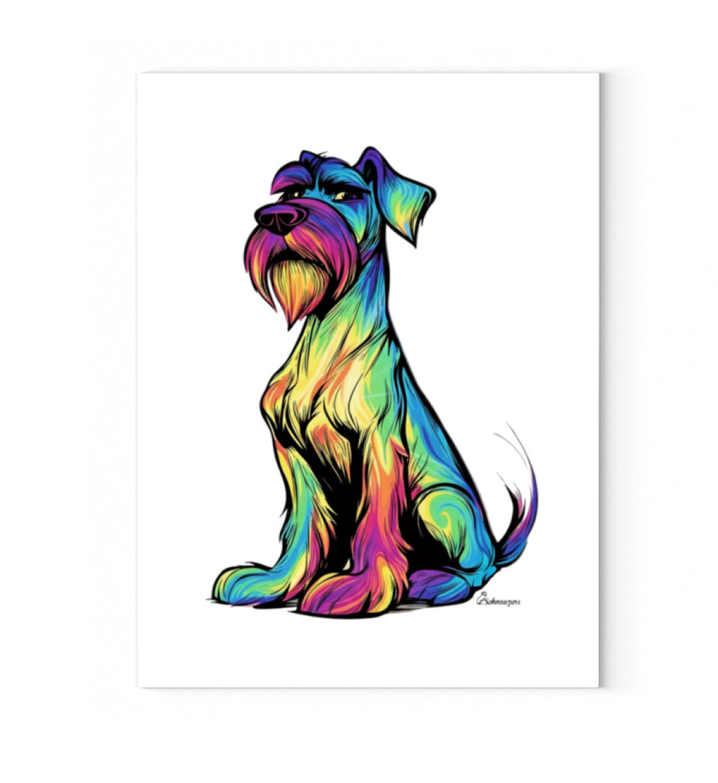 Farbenfrohes Color-Me-Schnauzer Leinwandbild in kräftigen Regenbogenfarben, moderne Schnauzer-Silhouette auf weißem Hintergrund, Format 45 x 60 cm.