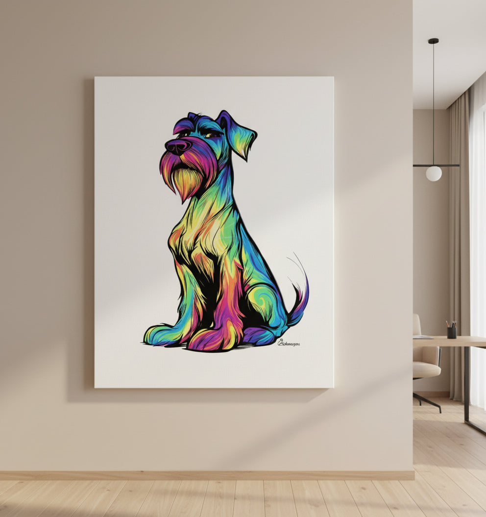 Farbenfrohes Color-Me-Schnauzer Leinwandbild in kräftigen Regenbogenfarben, moderne Schnauzer-Silhouette auf weißem Hintergrund, 