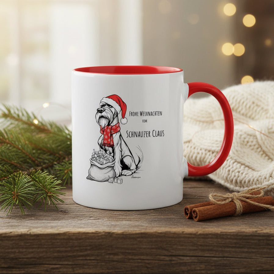 Schnauzer Claus Weihnachtstasse – Schnauzer mit Weihnachtsmütze, zweifarbig, Keramik