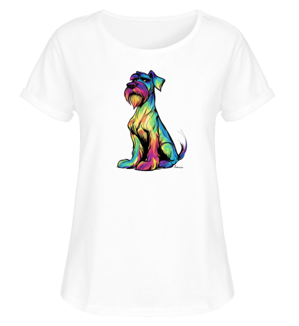 Roll Up Shirt Color Me Schnauzer in Weiß – Damen Shirt mit buntem Schnauzer Motiv