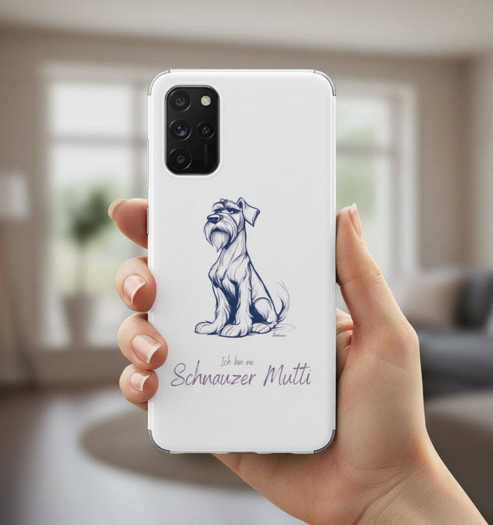 Schnauzer Mutti Handyhülle White für Samsung Galaxy S20 – Schnauzerfigur auf dunklem Hintergrund