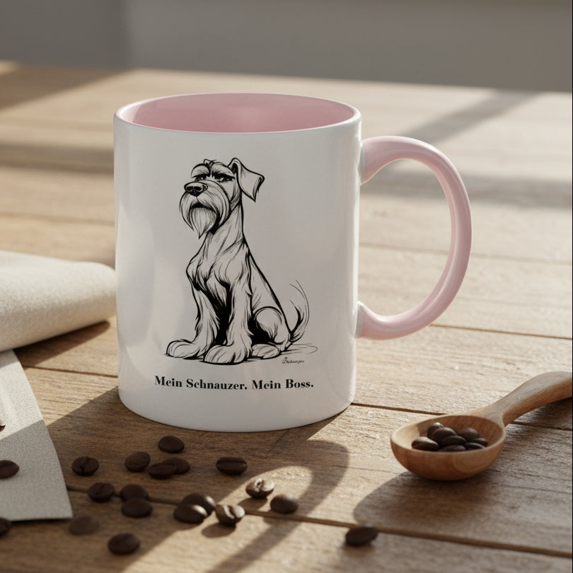 Zweifarbige Tasse Mein Schnauzer Mein Boss mit Schnauzer Motiv aus hochwertiger Keramik Geschenkidee für Hundeliebhaber
