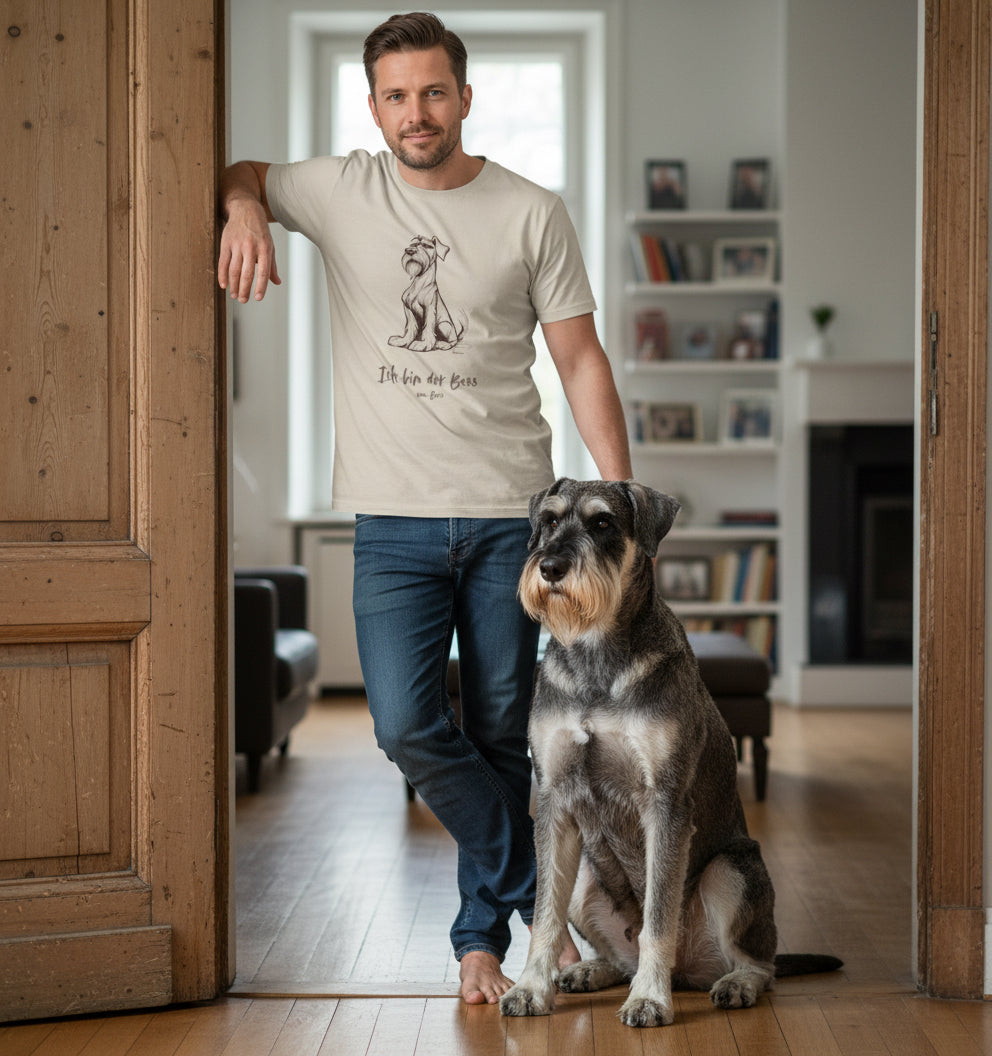 Illustration eines sitzenden Schnauzers mit dem Spruch ‚Ich bin der Boss vom Boss‘ – humorvolles Design für T-Shirts und Geschenke für Hundebesitzer.