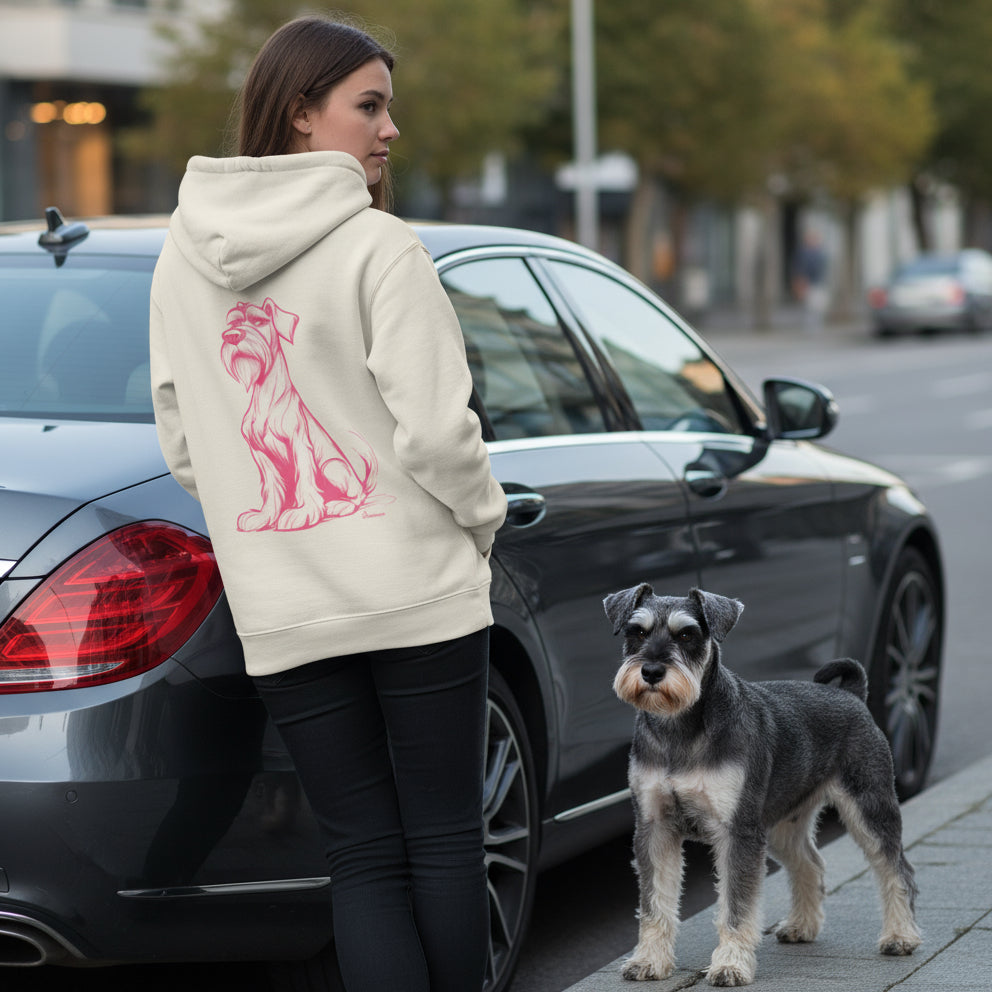 Premium Hoodie Rosa Schnauze – nachhaltiger Schnauzer Hoodie in Vintage Weis mit rosa Motiv für Hundeliebhaber