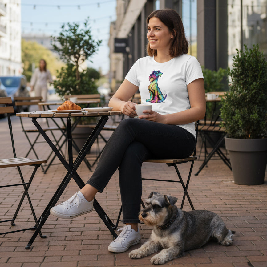Roll Up Shirt Color Me Schnauzer in Weiß – Damen Shirt mit buntem Schnauzer Motiv