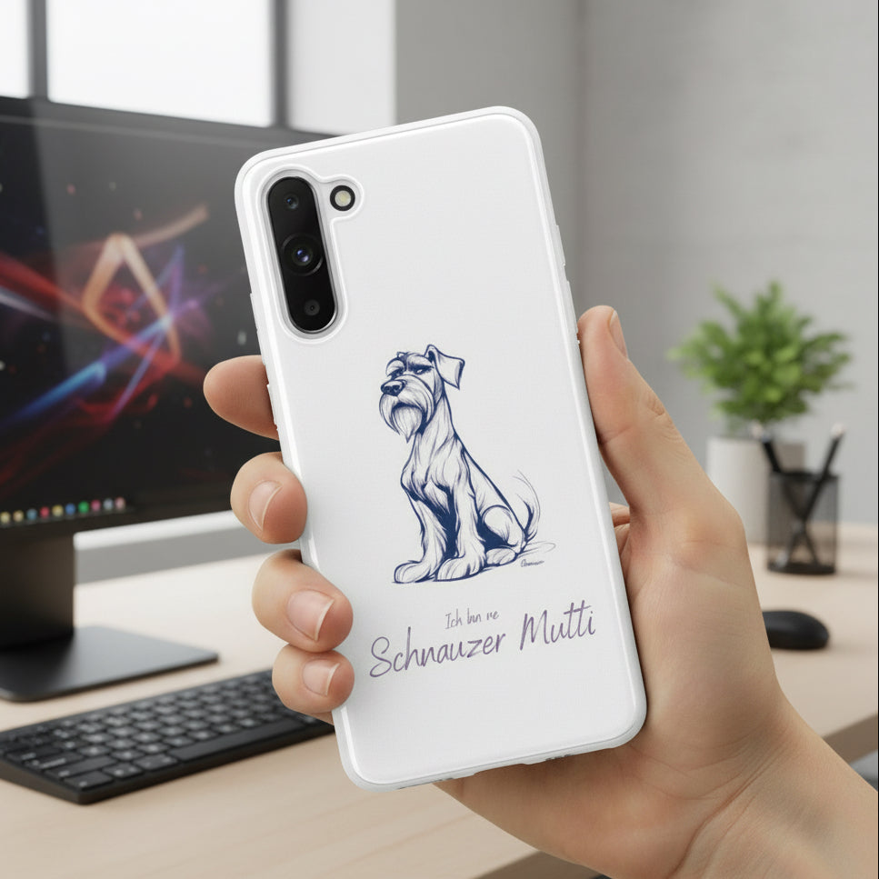 Schnauzer Mutti Handyhülle White für Samsung Galaxy S21 – Schnauzerfigur auf dunklem Hintergrund
