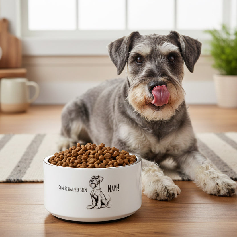 Schwarzer Edelstahlnapf für Hunde mit dem Spruch „Dem Schnauzer sein Napf“ und rutschfestem Boden