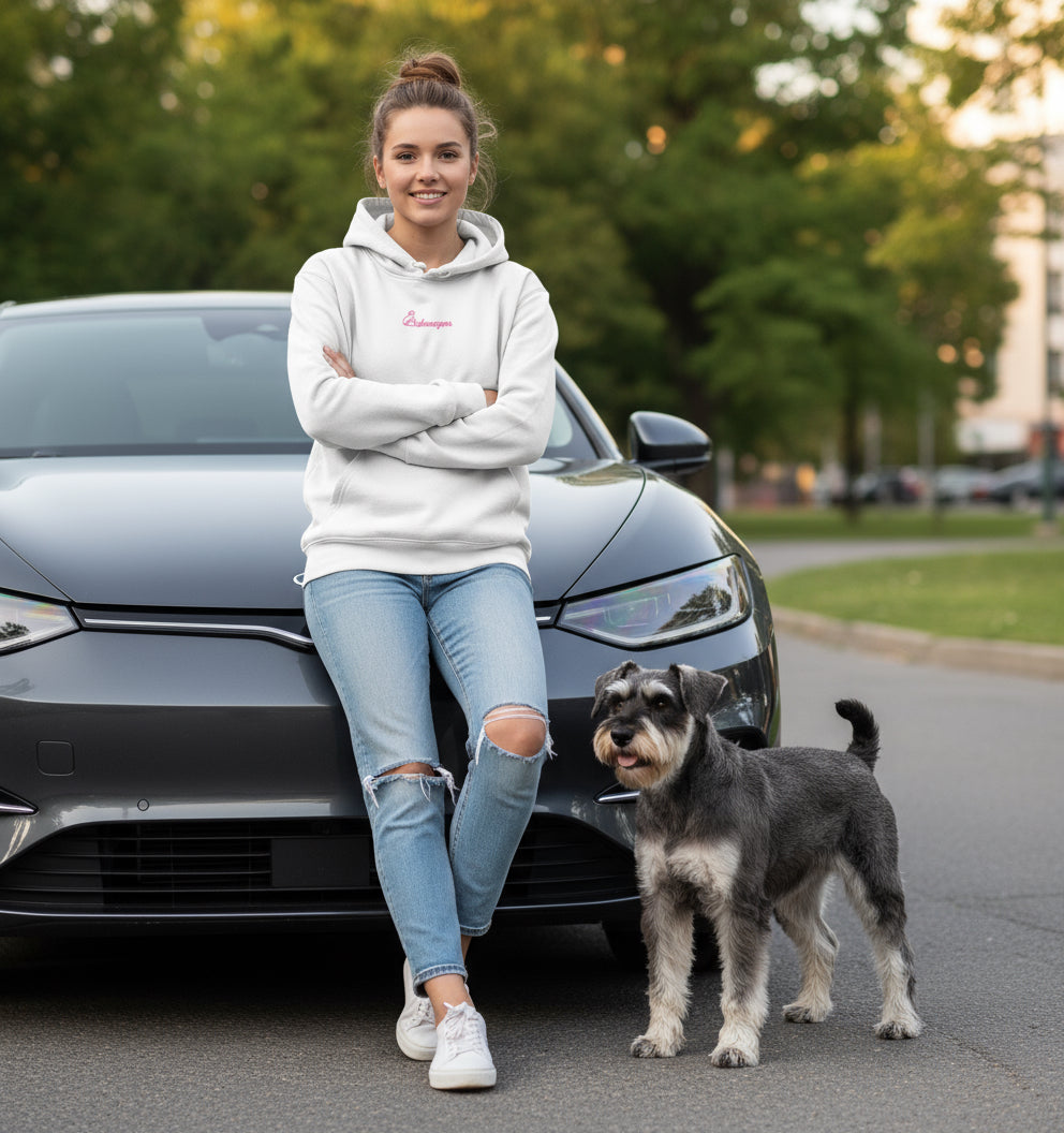 Premium Hoodie Rosa Schnauze – nachhaltiger Schnauzer Hoodie in Vintage Weis mit rosa Motiv für Hundeliebhaber